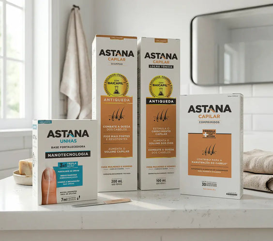 Kit Completo Linha Astana - 1 Caixa de Comprimidos + Shampoo + Loção + Ampola + Unhas
