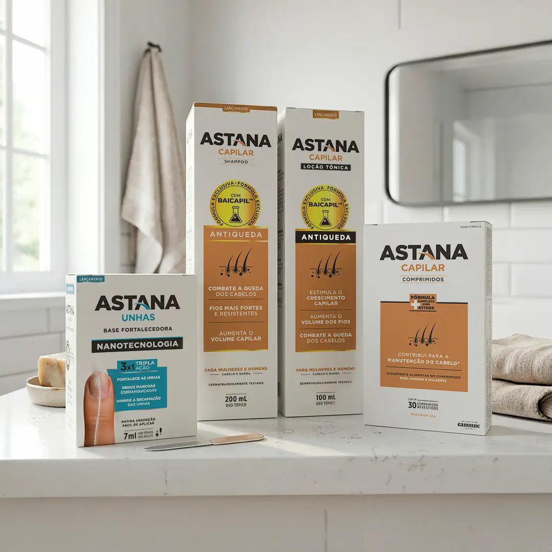 Kit Completo Linha Astana - 1 Caixa de Comprimidos + Shampoo + Loção + Ampola + Unhas