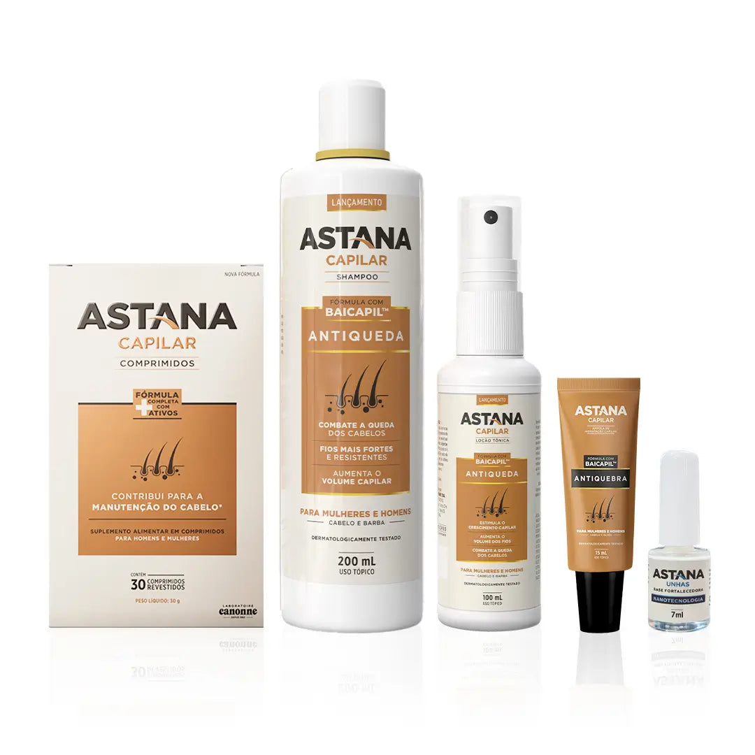 Kit Completo Linha Astana - 1 Caixa de Comprimidos + Shampoo + Loção + Ampola + Unhas