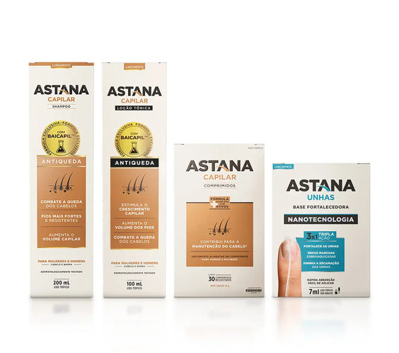 Kit Completo Linha Astana - 1 Caixa de Comprimidos + Shampoo + Loção + Ampola + Unhas