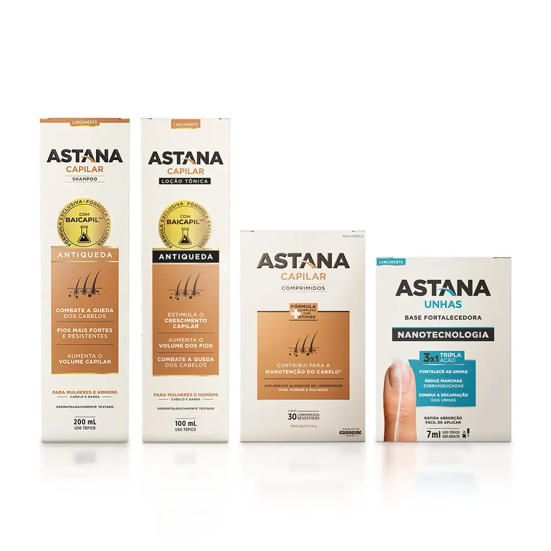 Kit Completo Linha Astana - 1 Caixa de Comprimidos + Shampoo + Loção + Ampola + Unhas